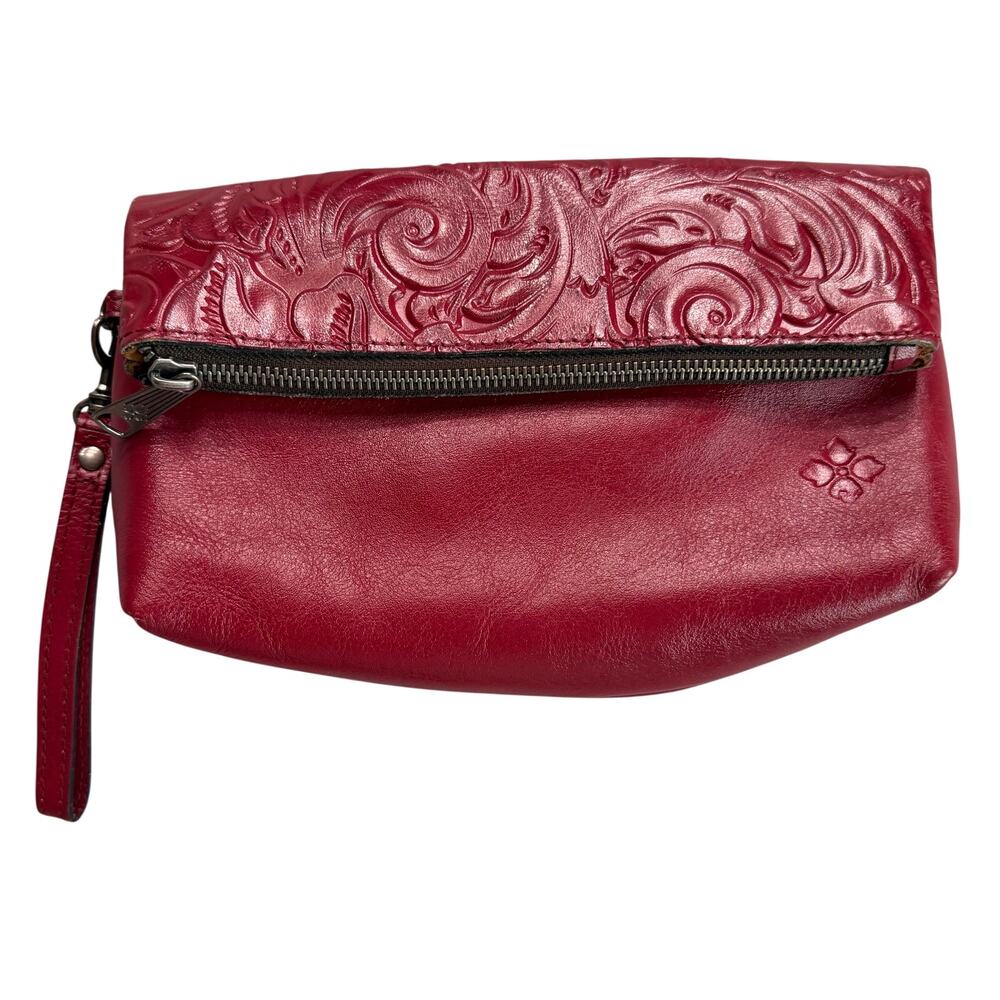 Patricia Nash Tooled Leather Foldover Clutch Wristlet Red Floral Embossed
